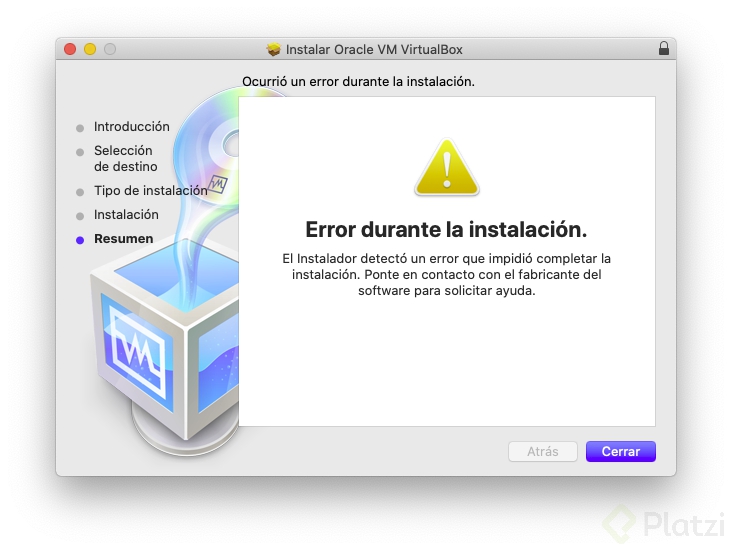 Error durante la instalación de VirtualBox en Mac